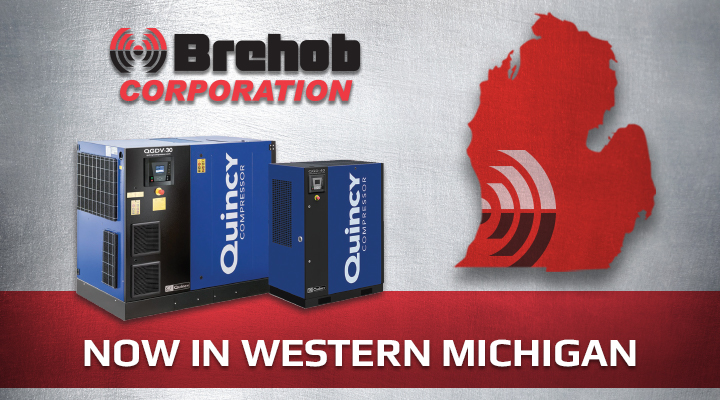 Quincy air compressors next to the state of Michigan headline "Now In Western Michigan"